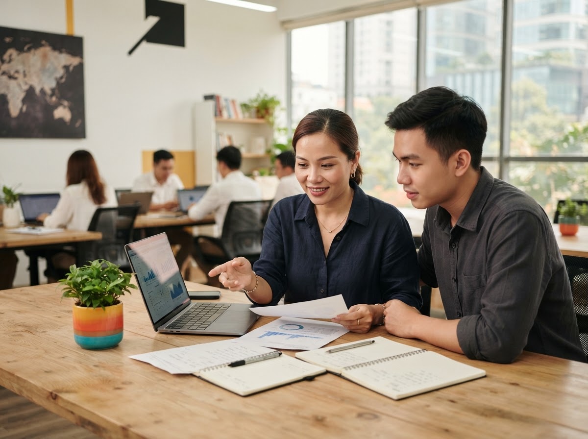 Phuong Kim Loc analysts reviewing portfolio data and risk models